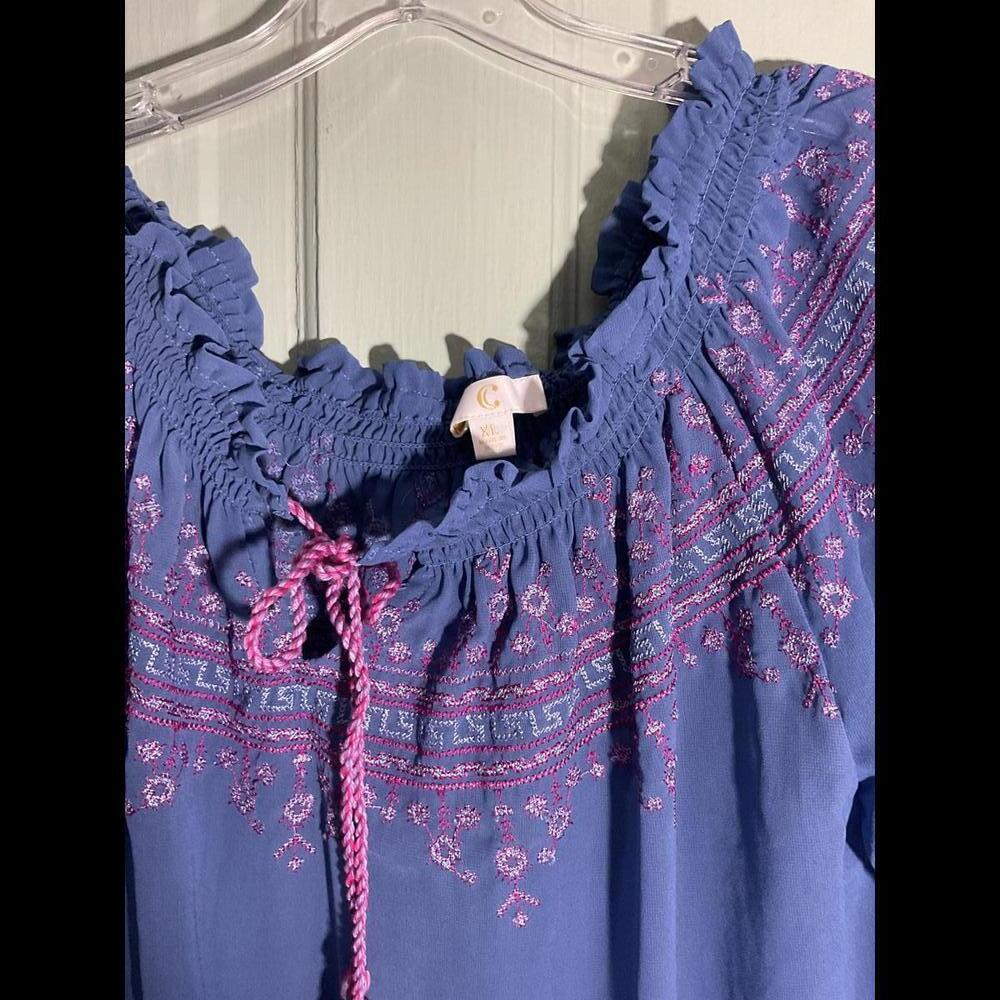 Boutique Sheer Blue  Boho Blouse with Purple Embroidery and Tassels Size XL - Picture 4 of 9